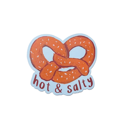 Sticker with a pretzel and 'hot & salty' text on a white background