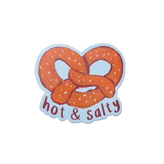 Sticker with a pretzel and 'hot & salty' text on a white background