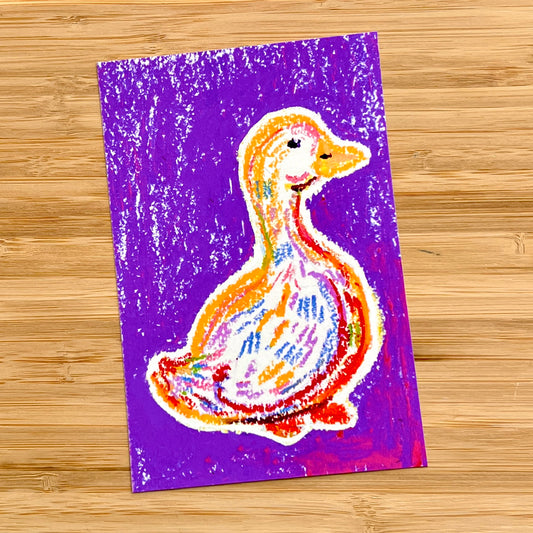 drawing of a goose in oil pastel with a purple background