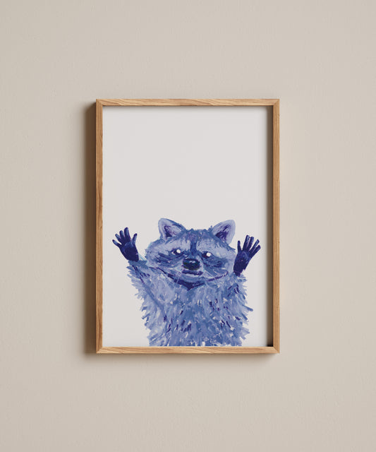 Framed artwork of a blue raccoon on a beige wall