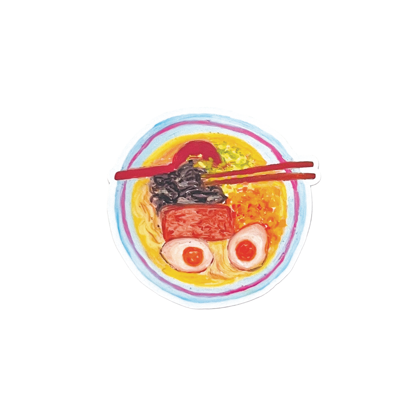 Colorful illustration of a bowl of ramen with chopsticks on a white background