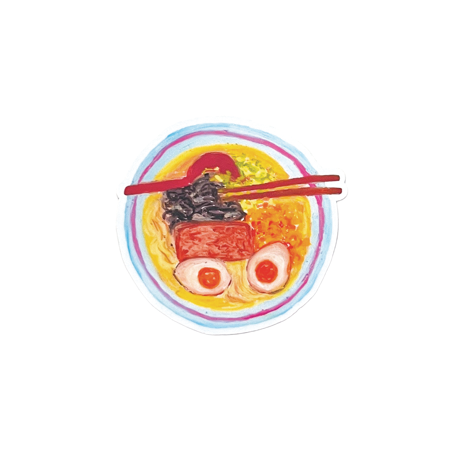 Colorful illustration of a bowl of ramen with chopsticks on a white background