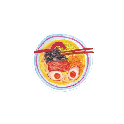 Colorful illustration of a bowl of ramen with chopsticks on a white background
