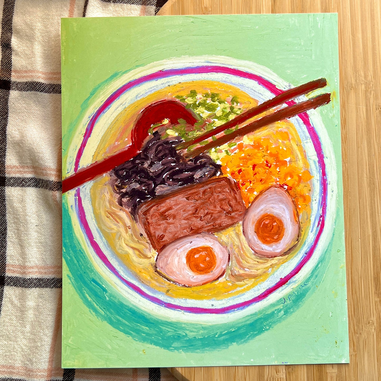 Painting of a bowl of ramen with chopsticks on a green background