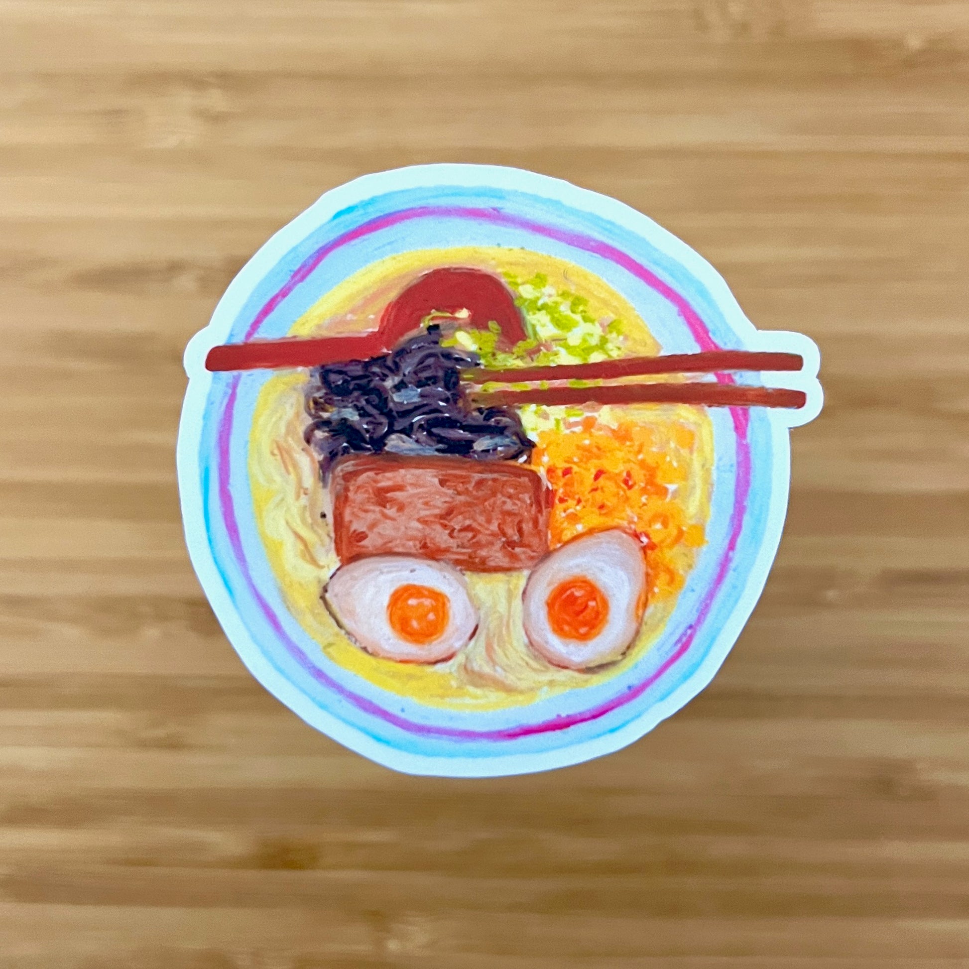 Colorful illustration of a bowl of ramen with chopsticks on a wooden surface