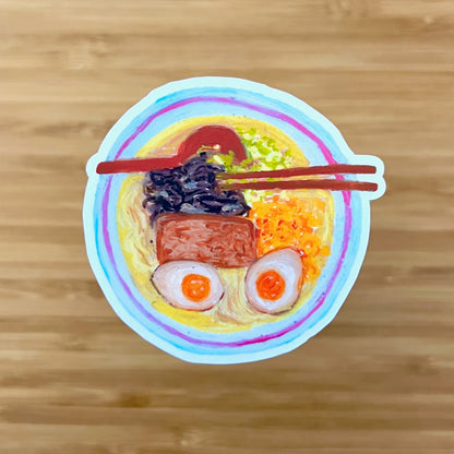 Colorful illustration of a bowl of ramen with chopsticks on a wooden surface