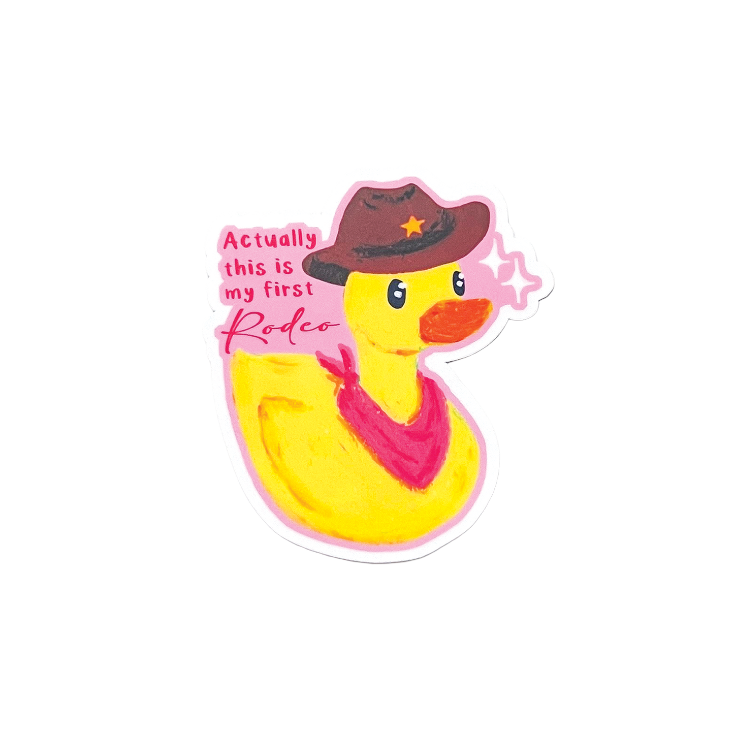 Yellow rubber duck wearing a cowboy hat and bandana with text 'actually this is my first rodeo' on a white background