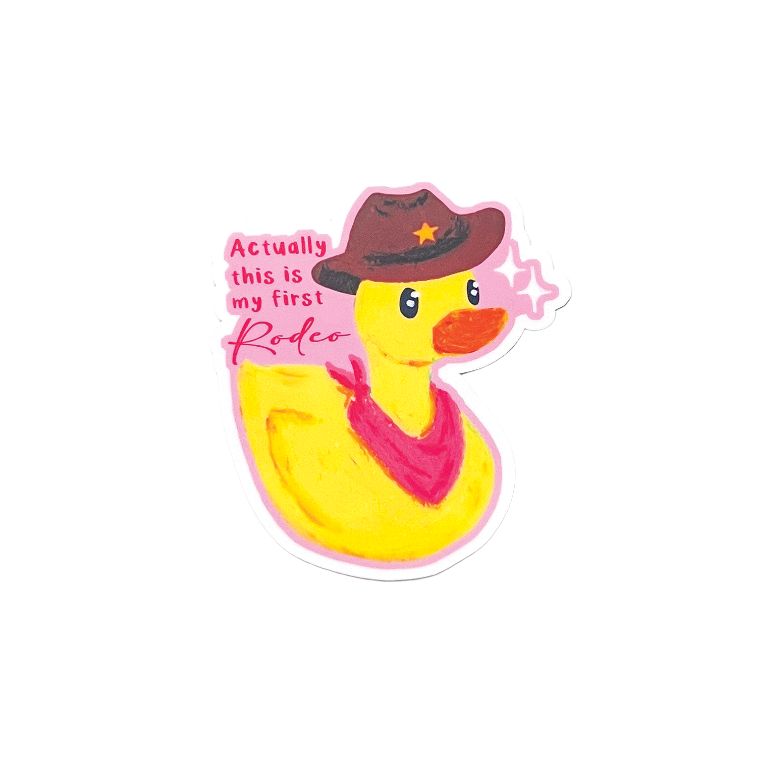 Yellow rubber duck wearing a cowboy hat and bandana with text 'actually this is my first rodeo' on a white background
