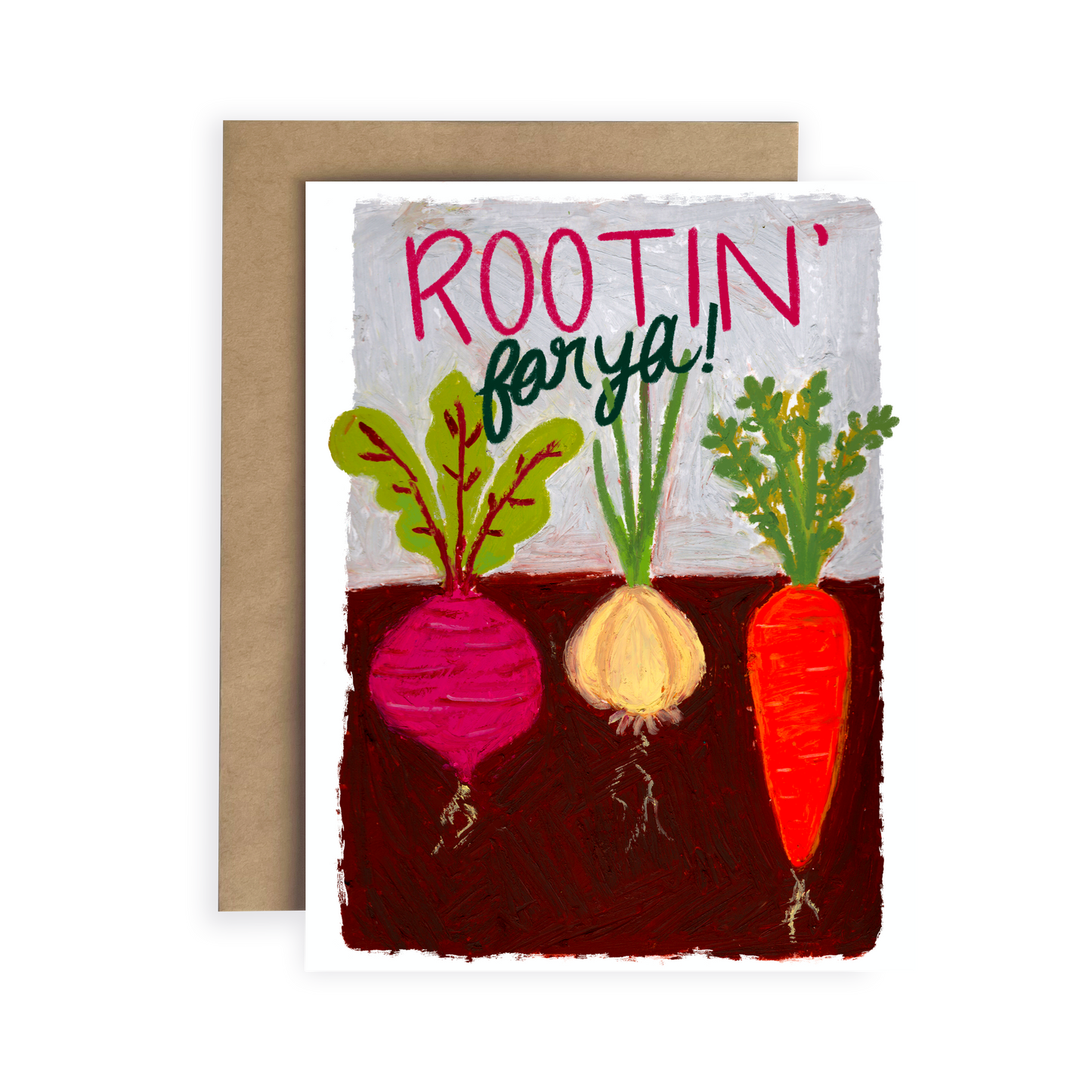 Greeting card with vegetables and text 'Rootin' for ya!' on a white background