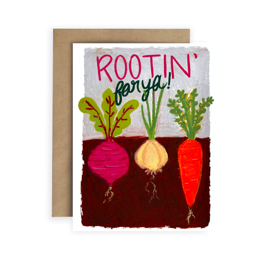 Greeting card with vegetables and text 'Rootin' for ya!' on a white background