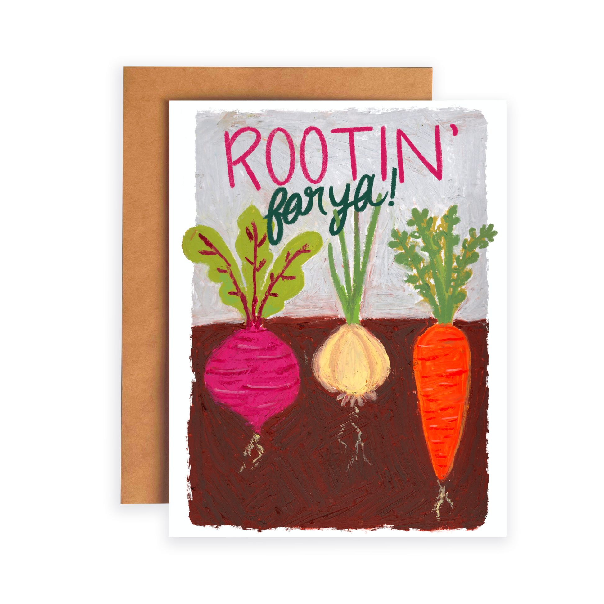 Greeting card with vegetables and 'Rootin' for ya!' text on a white background