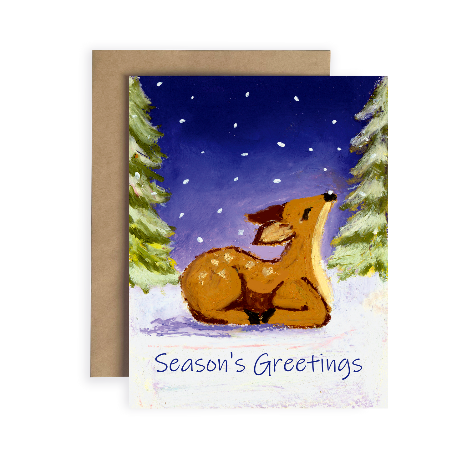 Greeting card with a deer illustration and 'Season's Greetings' text, surrounded by trees and snow.