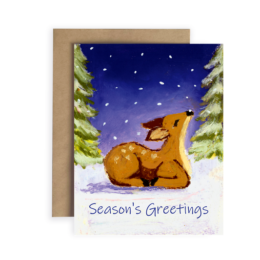 Greeting card with a deer illustration and 'Season's Greetings' text, surrounded by trees and snow.