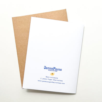 White card with 'Janine Payne Illustrations' logo on a brown envelope