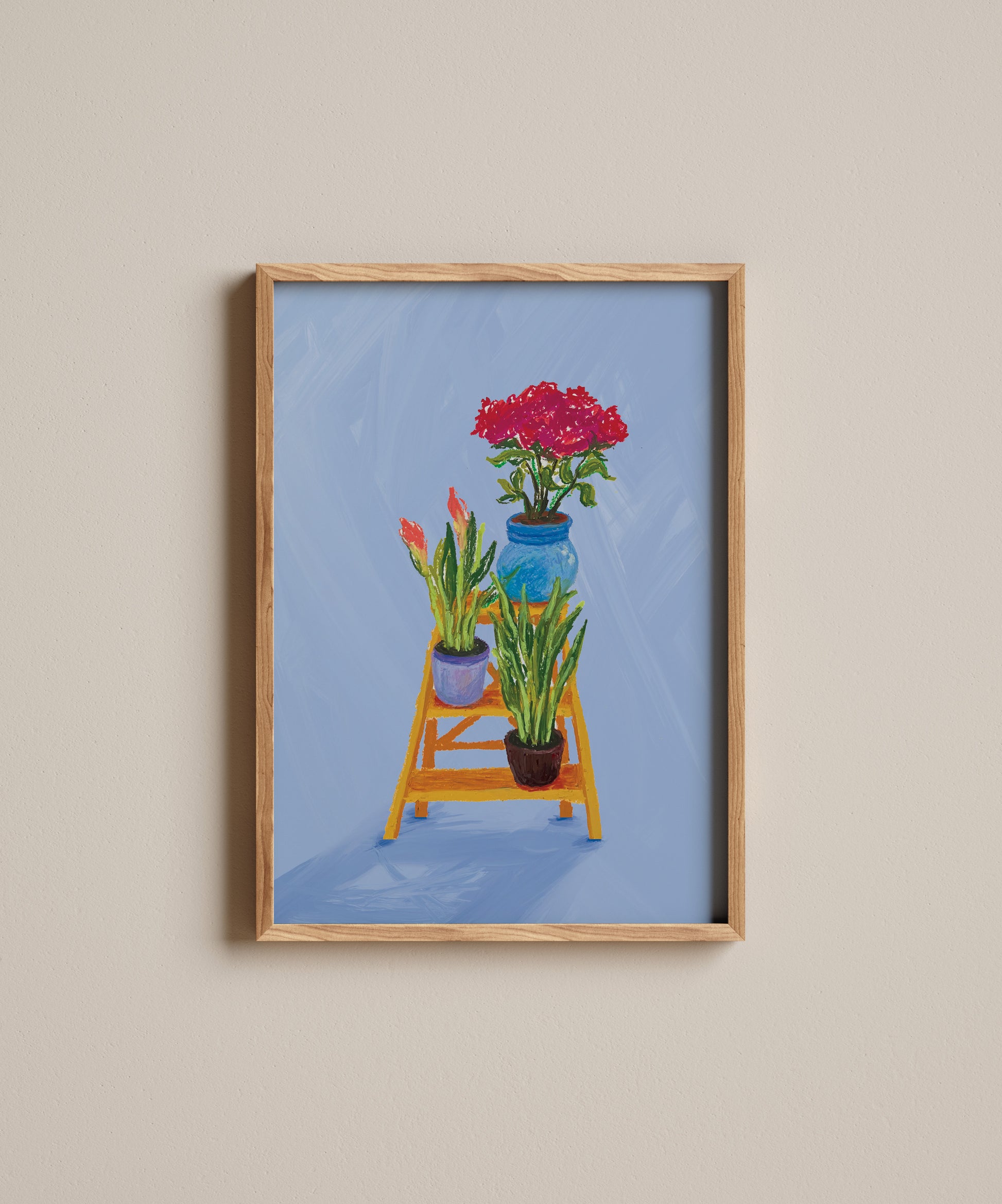 Framed artwork of potted plants on a ladder against a blue background