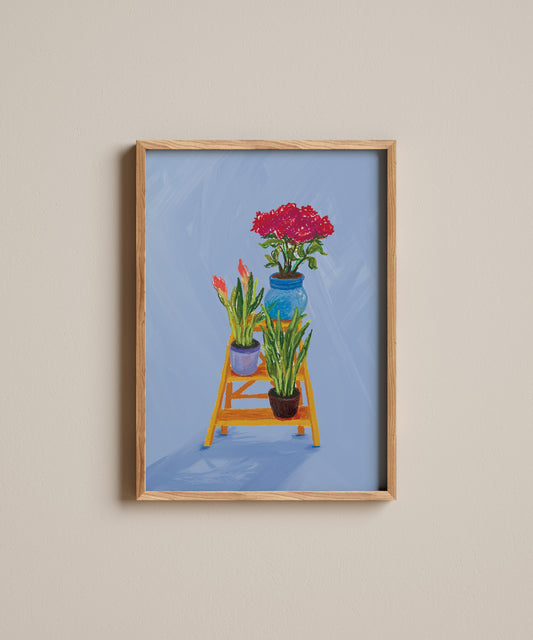 Framed artwork of potted plants on a ladder against a blue background