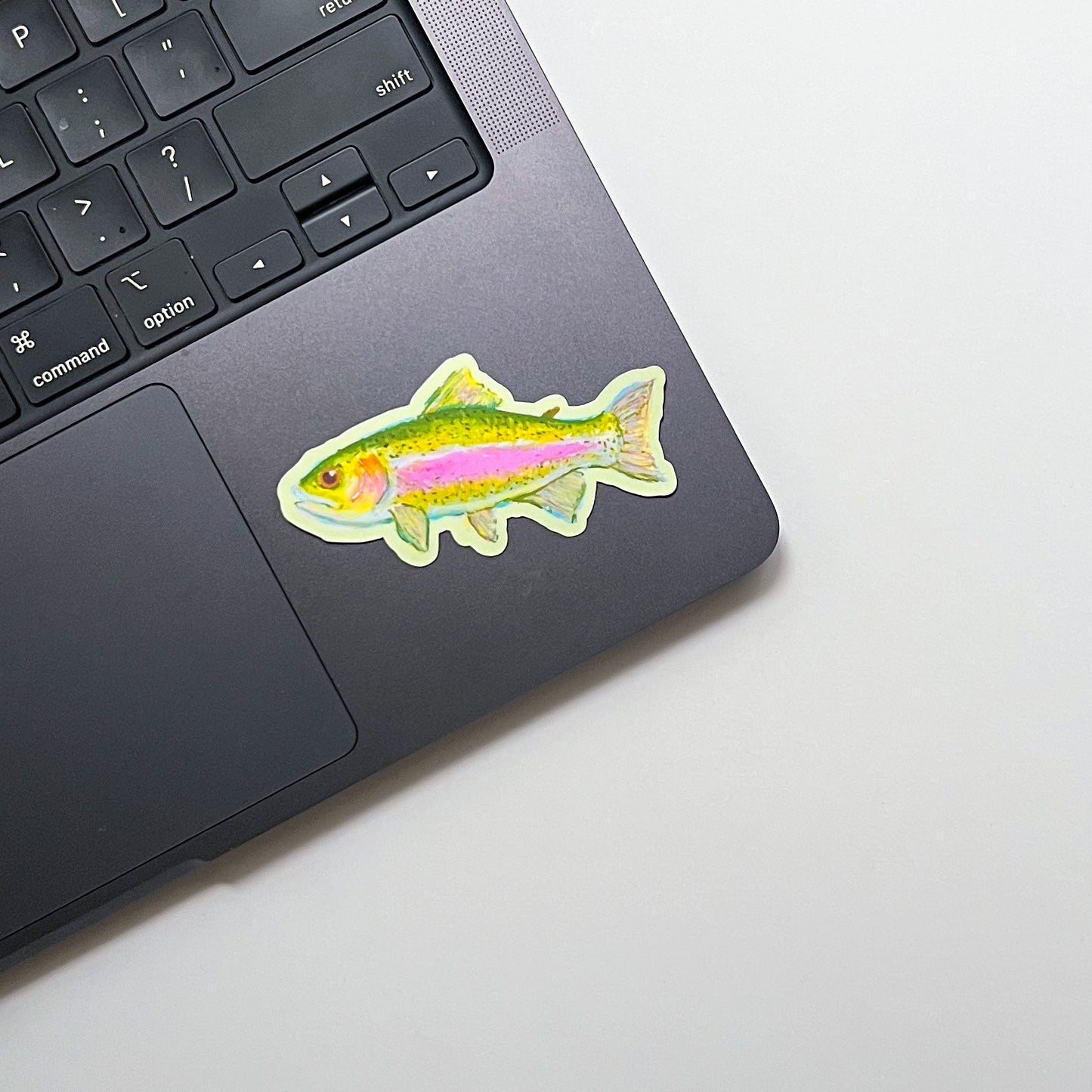 Fish-shaped sticker on a laptop keyboard