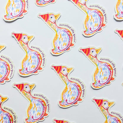 Colorful goose stickers with 'certified silly goose' text on a light gray background