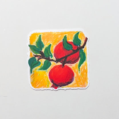Artistic depiction of two pomegranates on a branch with green leaves against a yellow background.