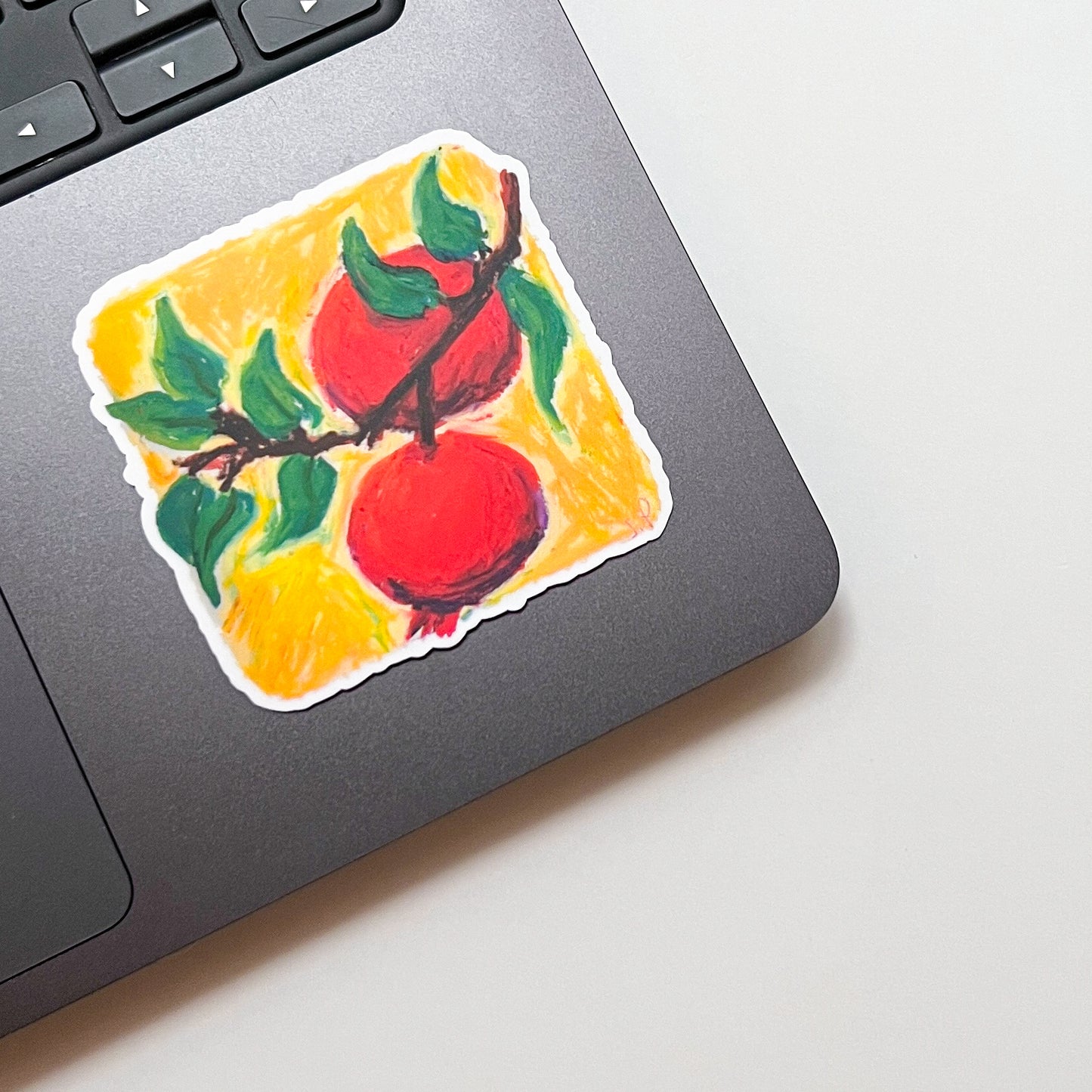 Colorful sticker of pomegranates on a laptop