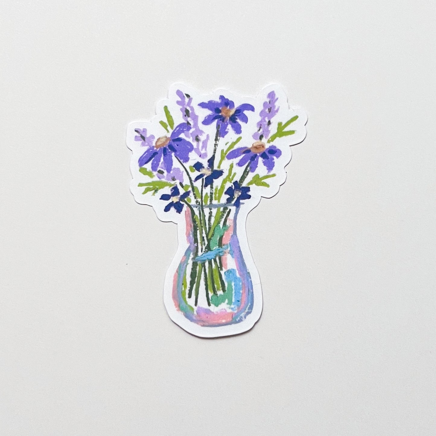Sticker of a vase with purple flowers on a light gray background