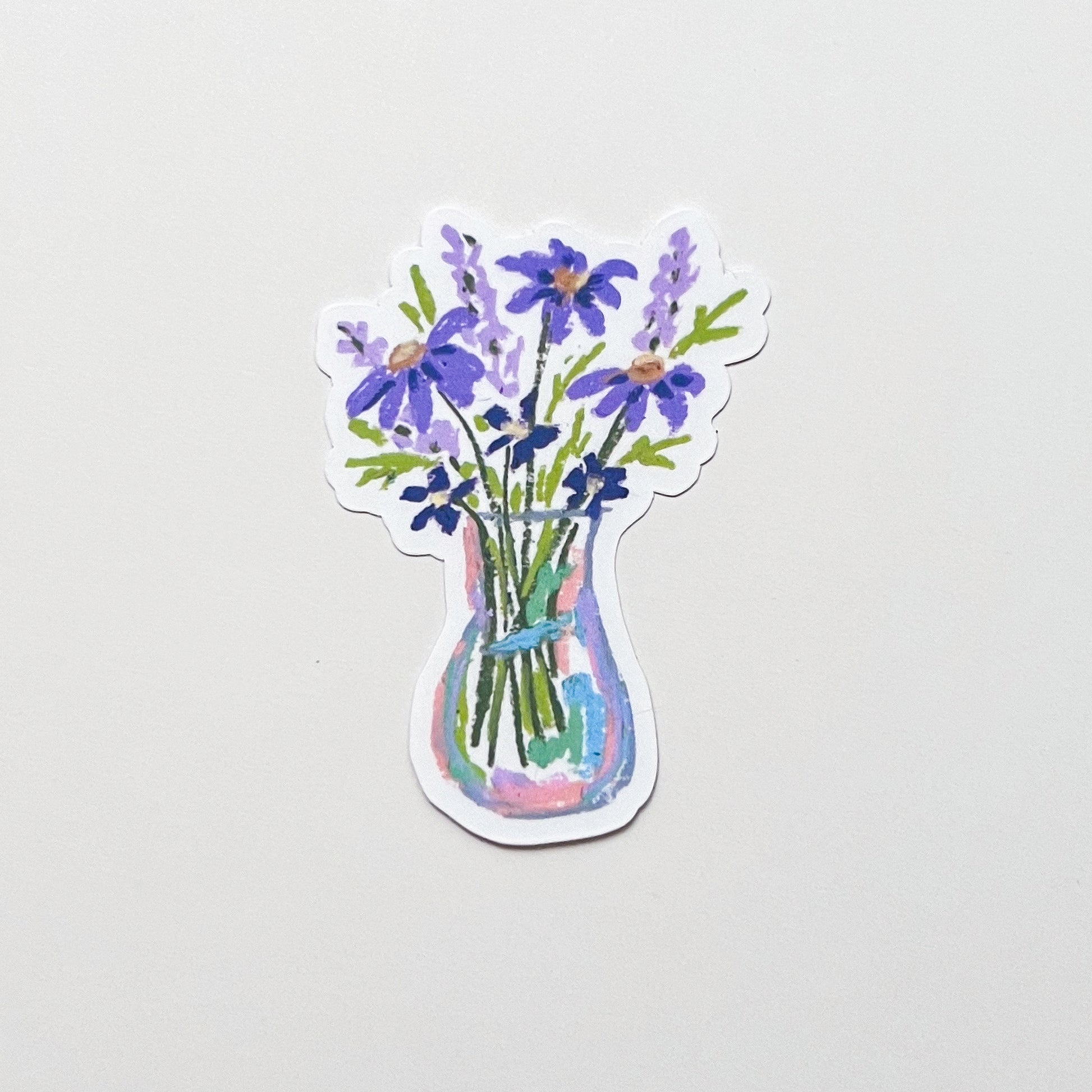 Sticker of a vase with purple flowers on a light gray background