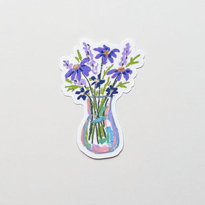 Sticker of a vase with purple flowers on a light gray background
