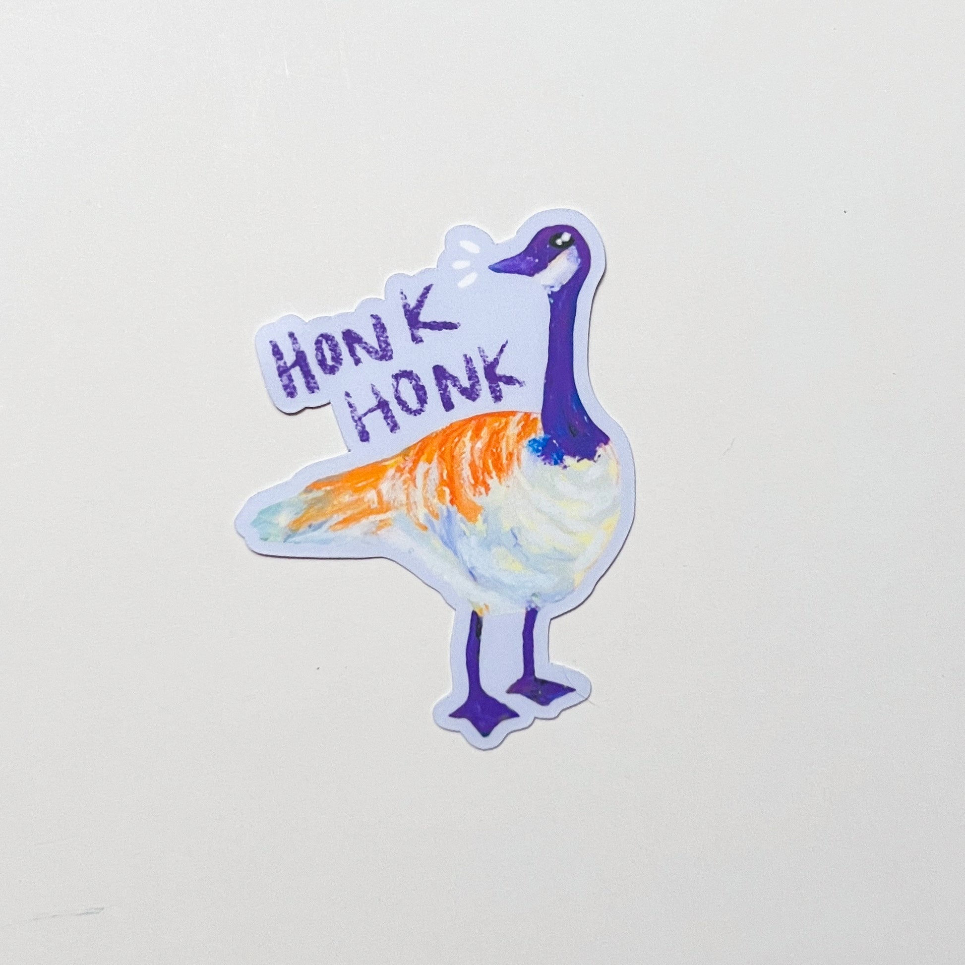 Sticker of a goose with 'Honk Honk' text on a light gray background