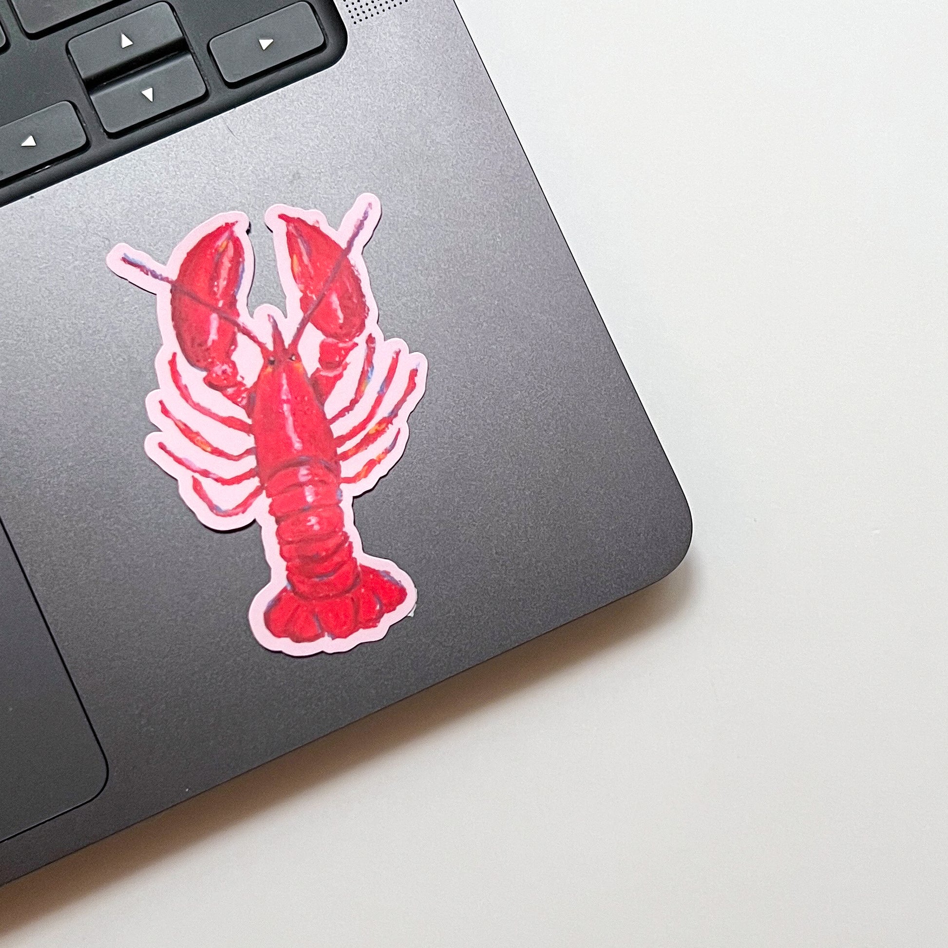 Laptop with a red lobster sticker on a light surface