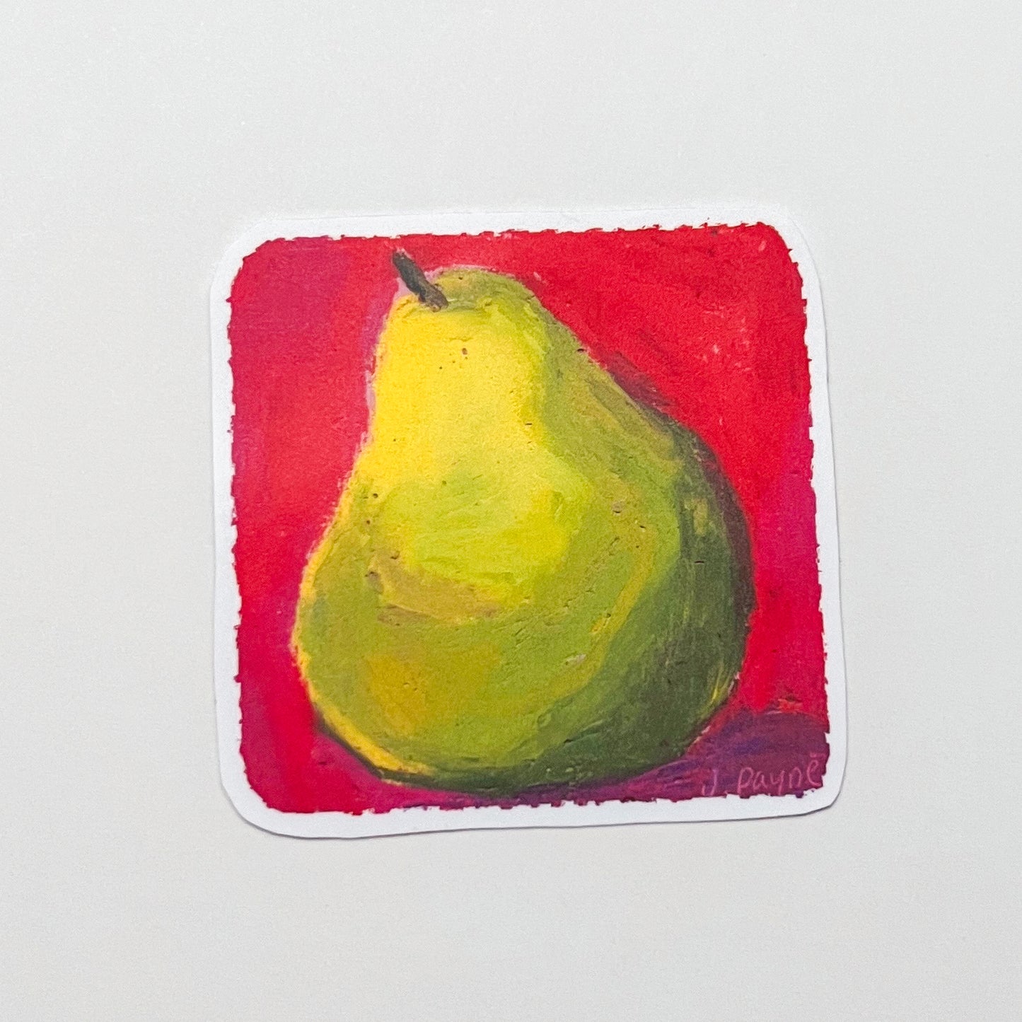 Painting of a pear on a red square background