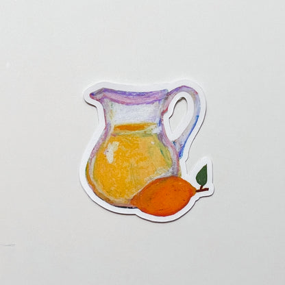 Sticker of a pitcher with lemonade and a lemon on a light gray background