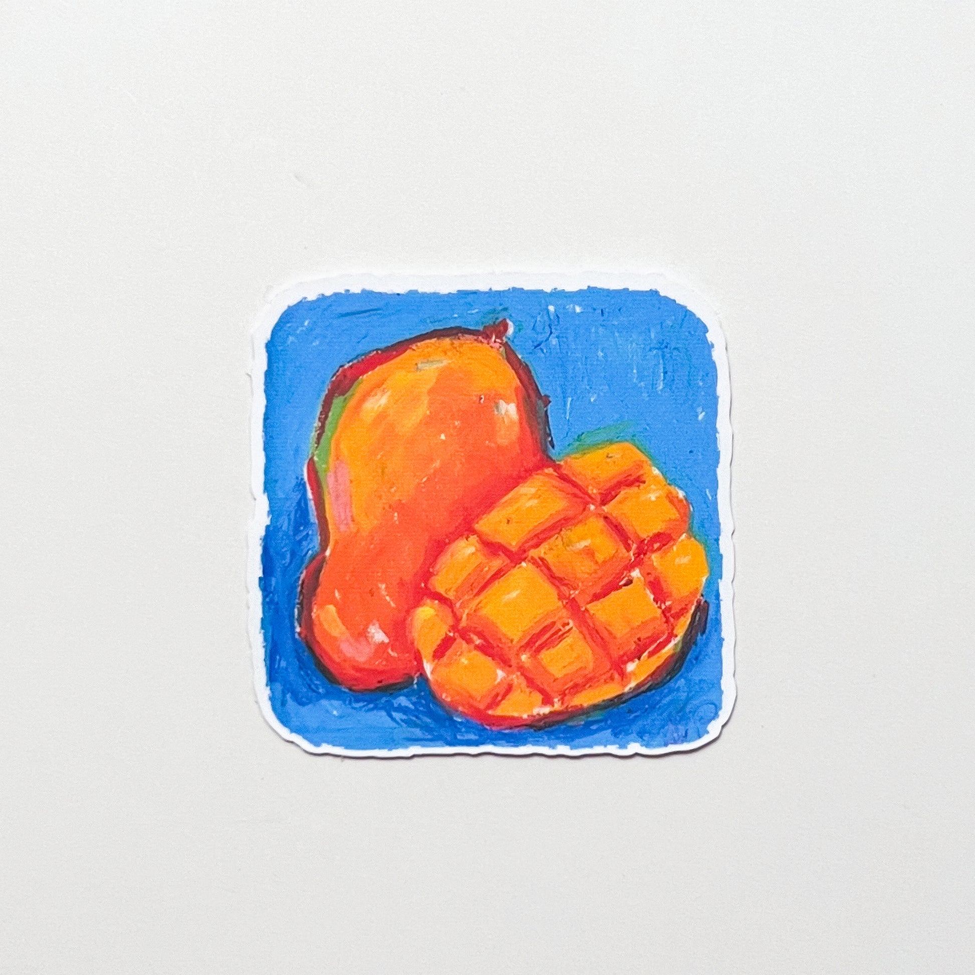 Artistic depiction of a mango on a blue square background