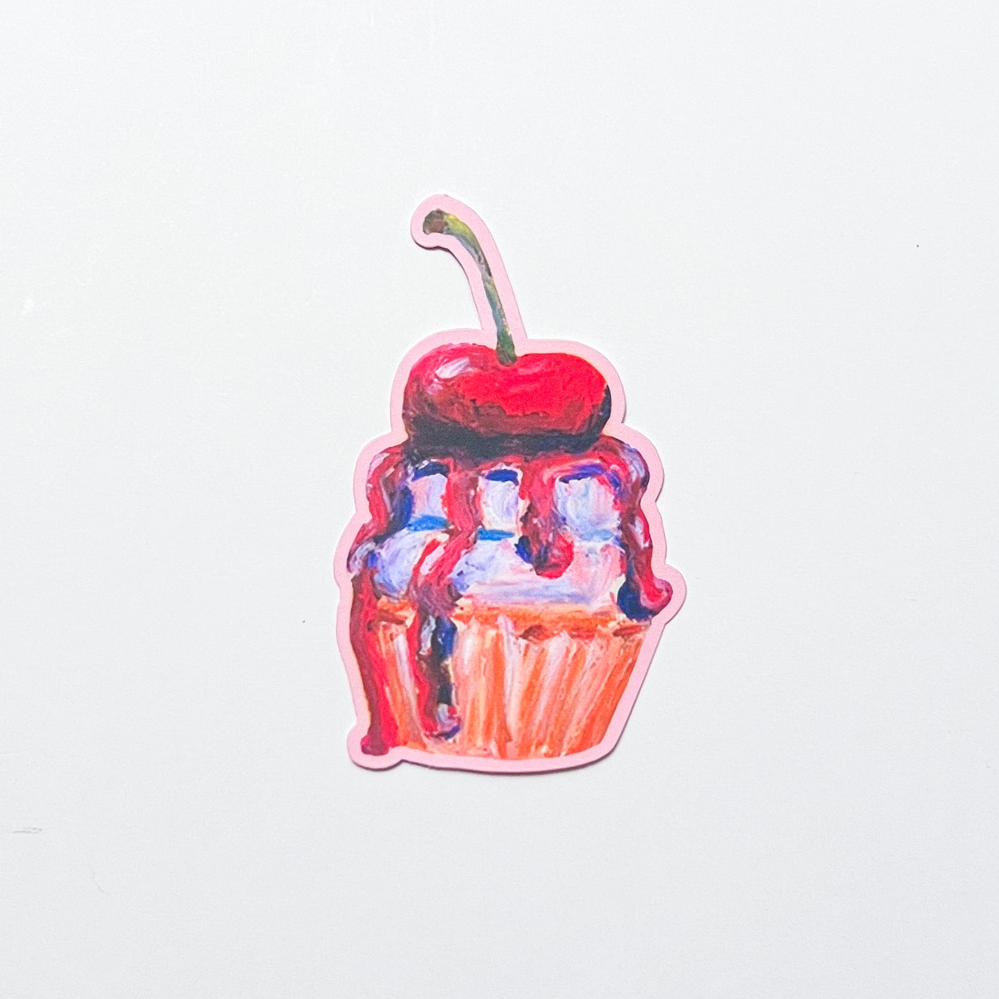 Illustration of a cupcake with a cherry on top against a light pink background