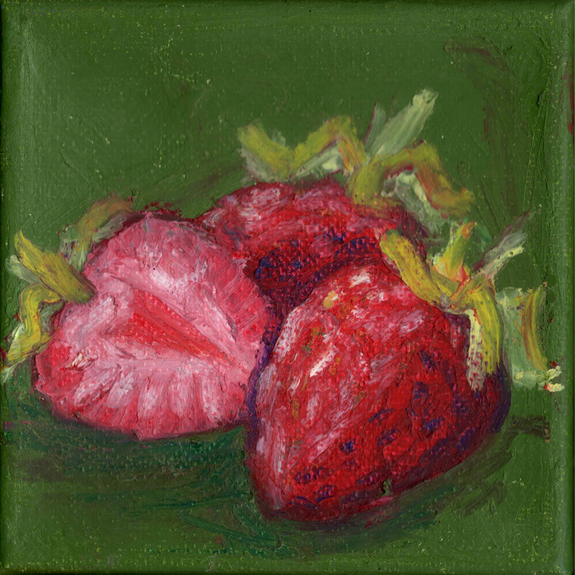 Painting of strawberries on a green background