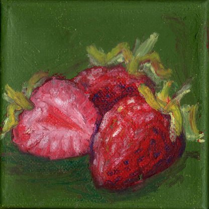 Painting of strawberries on a green background