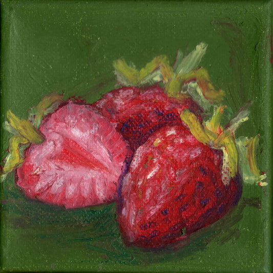 Painting of strawberries on a green background