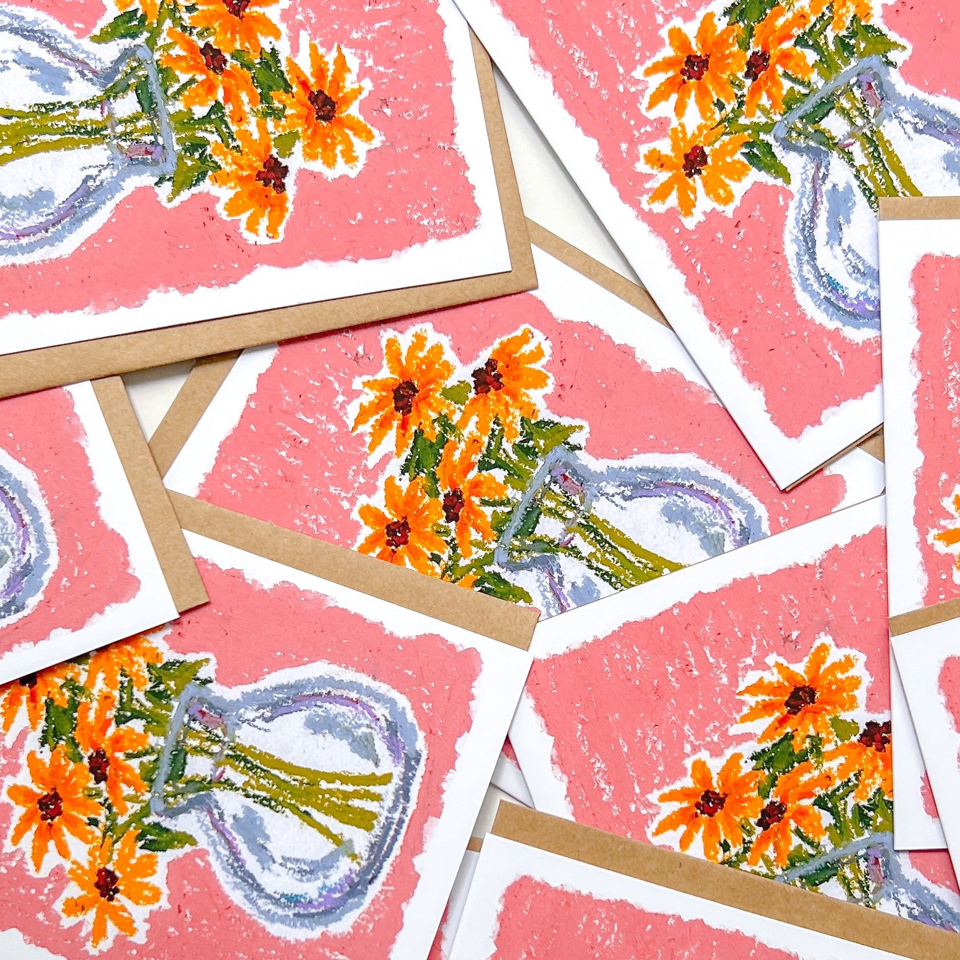 greeting cards with an oil pastel drawing of a flower vase