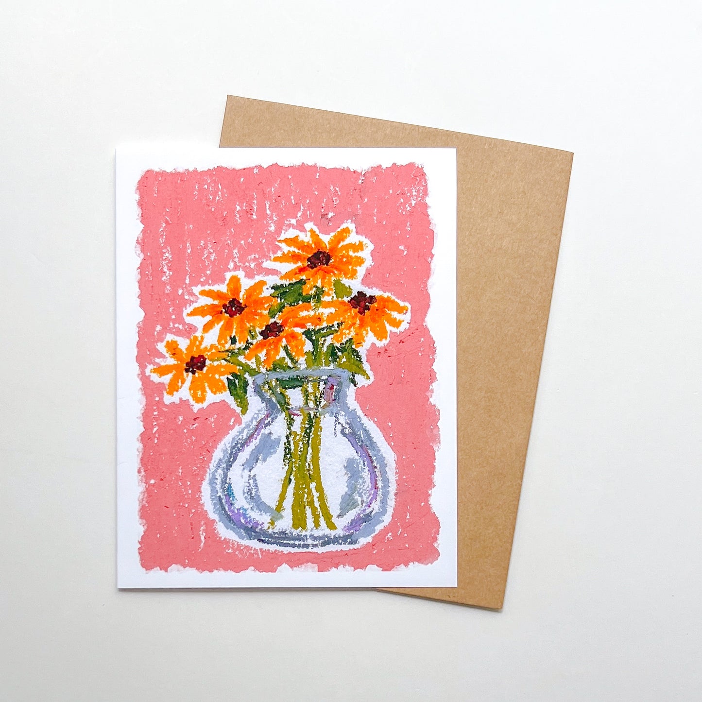 greeting card with an oil pastel drawing of a flower vase