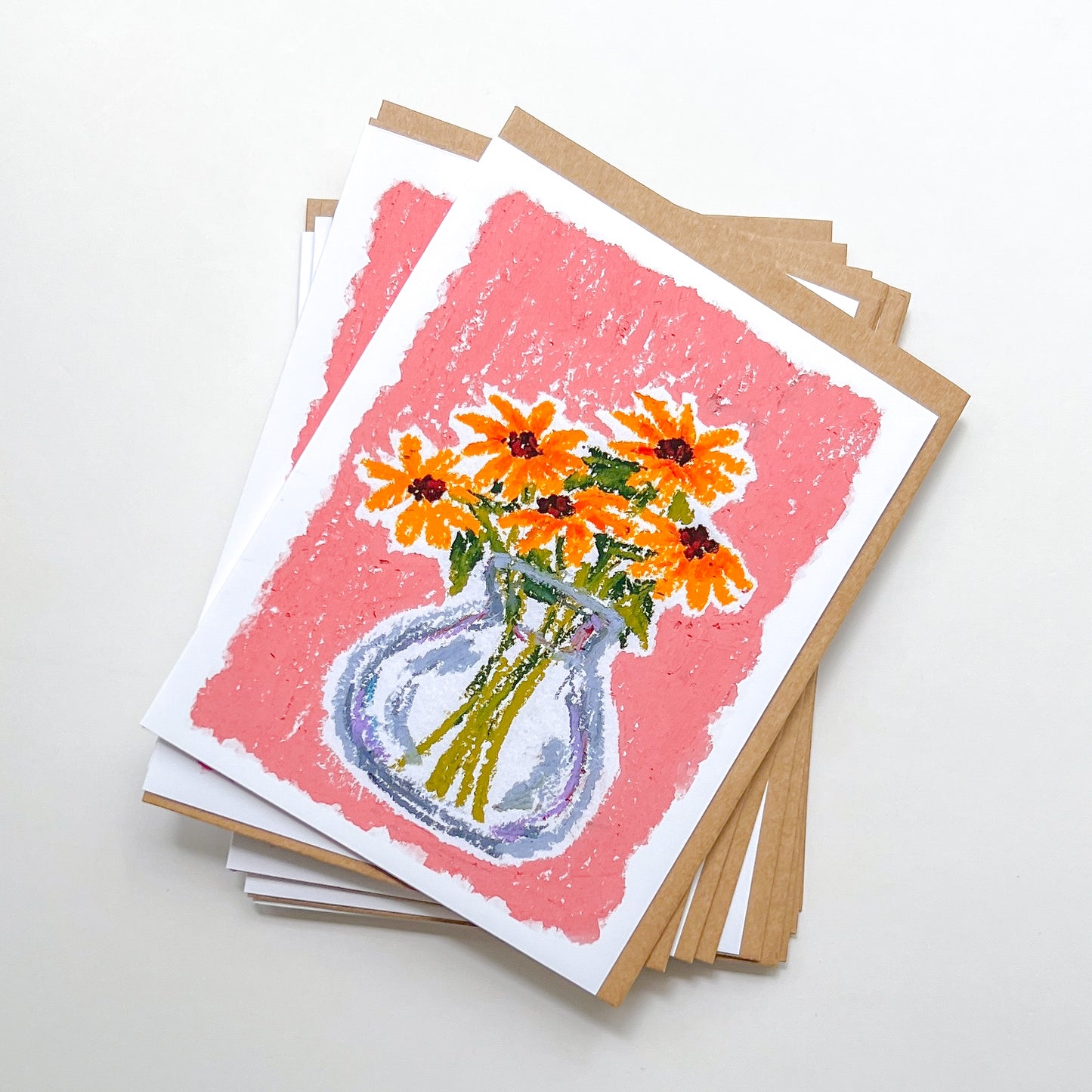 greeting cards with an oil pastel drawing of a flower vase