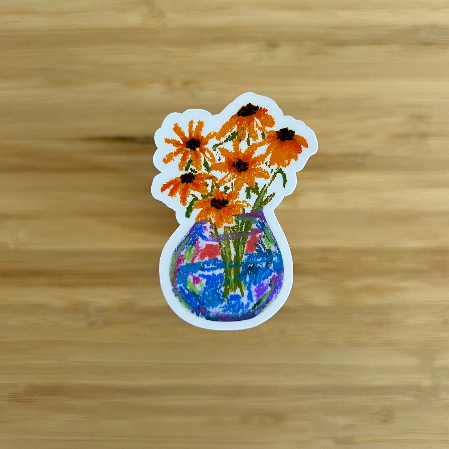 Sticker of a vase with flowers on a wooden surface