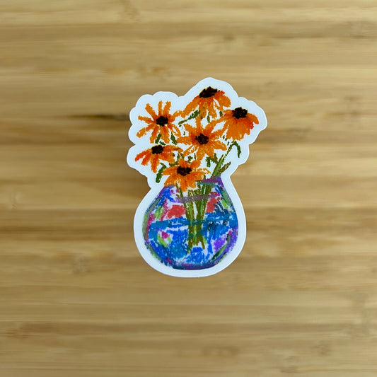 Sticker of a vase with flowers on a wooden surface