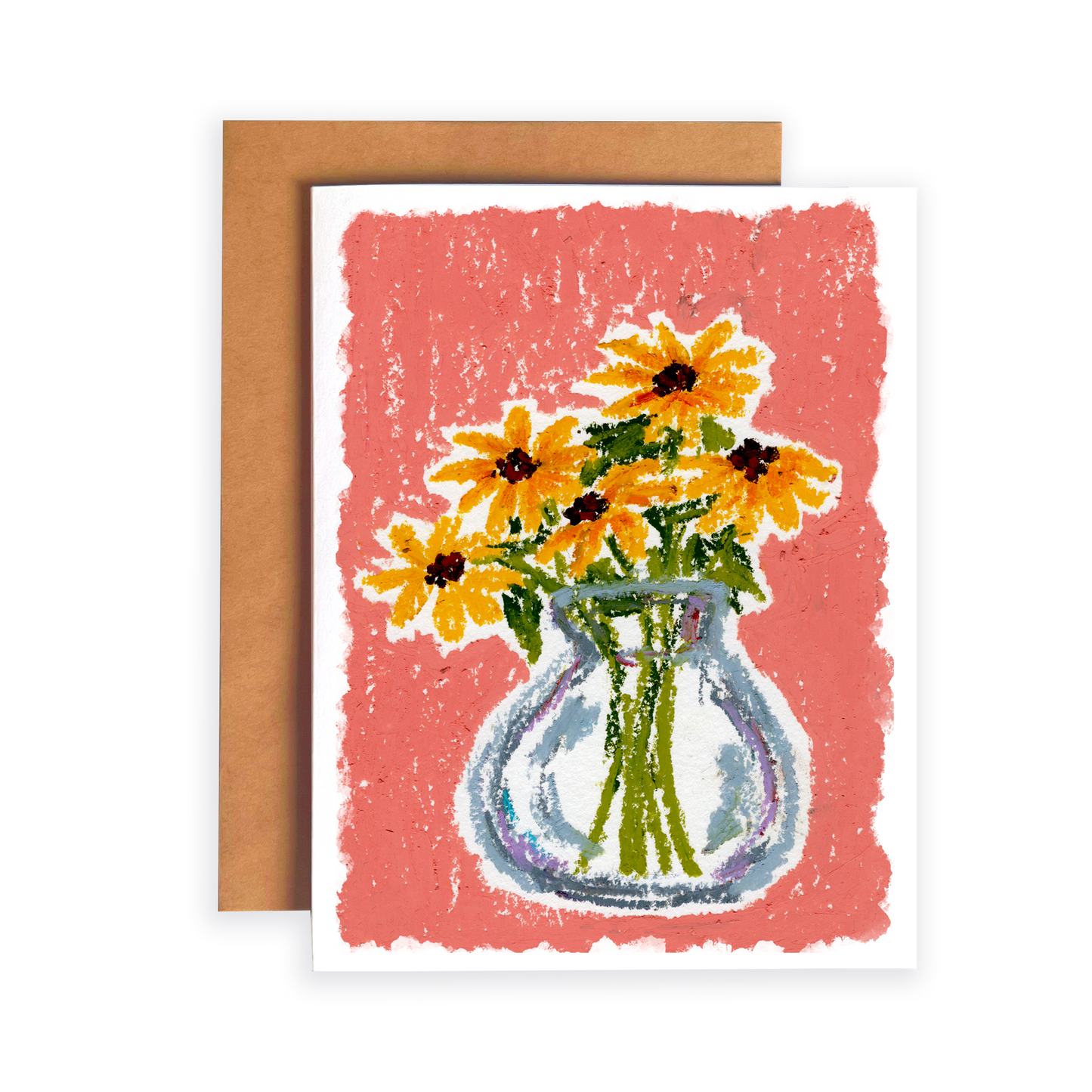 Greeting card with a vase of yellow flowers on a pink background