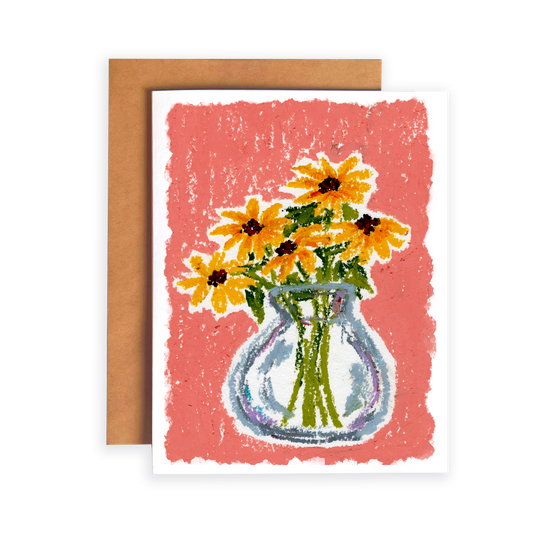 Greeting card with a vase of yellow flowers on a pink background