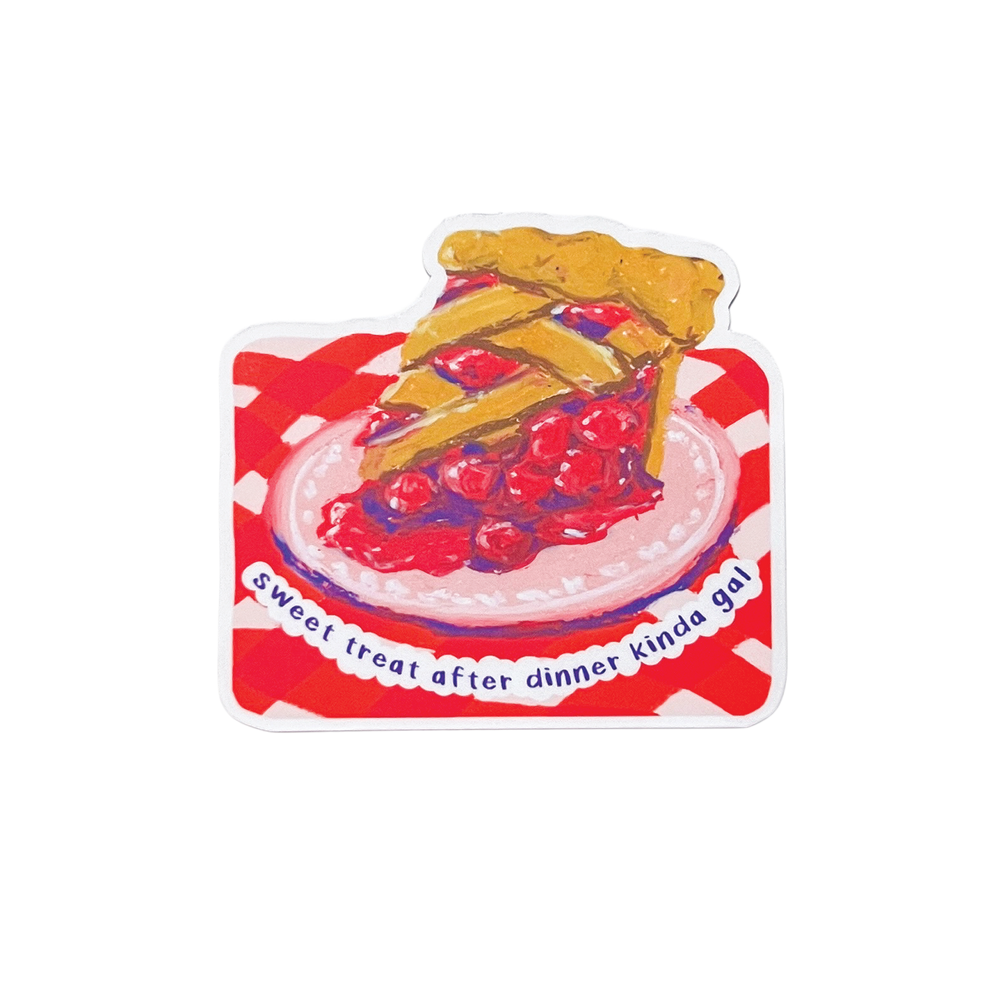 Sticker of a cherry pie with a red and white checkered border on a white background