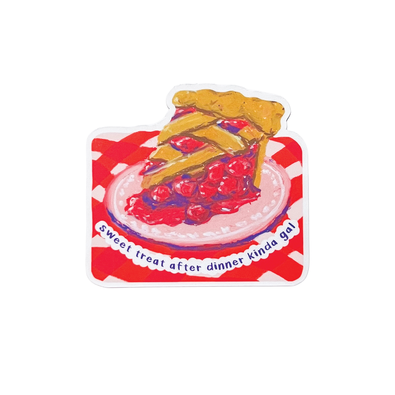 Sticker of a cherry pie with a red and white checkered border on a white background