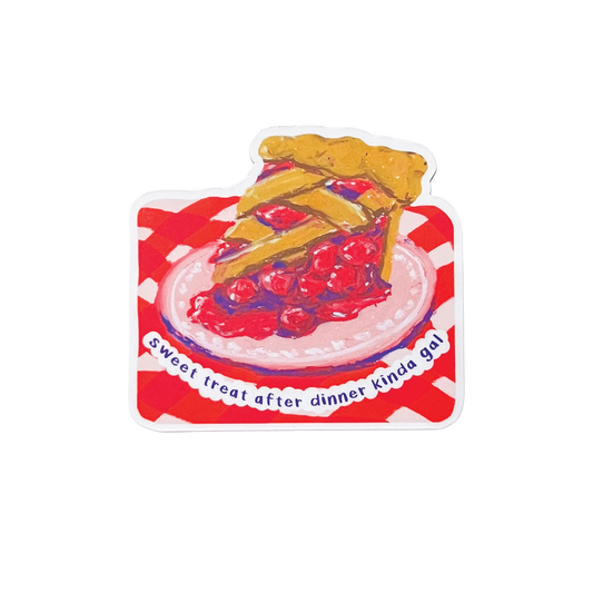 Sticker of a cherry pie with a red and white checkered border on a white background