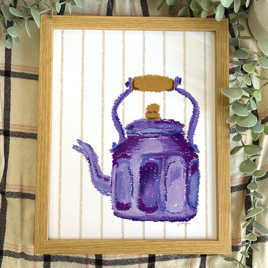 Framed artwork of a purple teapot with a wooden handle on a striped fabric background.