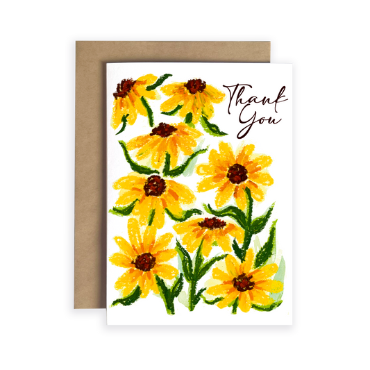 Greeting card with yellow flowers and 'Thank You' text on a white background