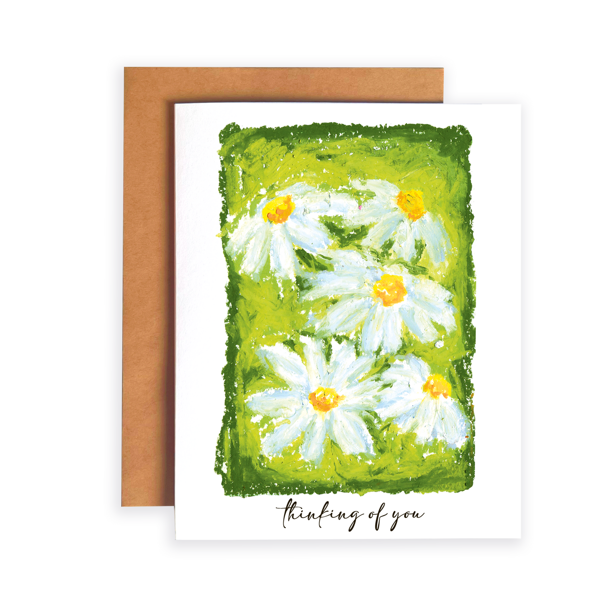Greeting card with daisy flowers and 'thinking of you' text on a green background