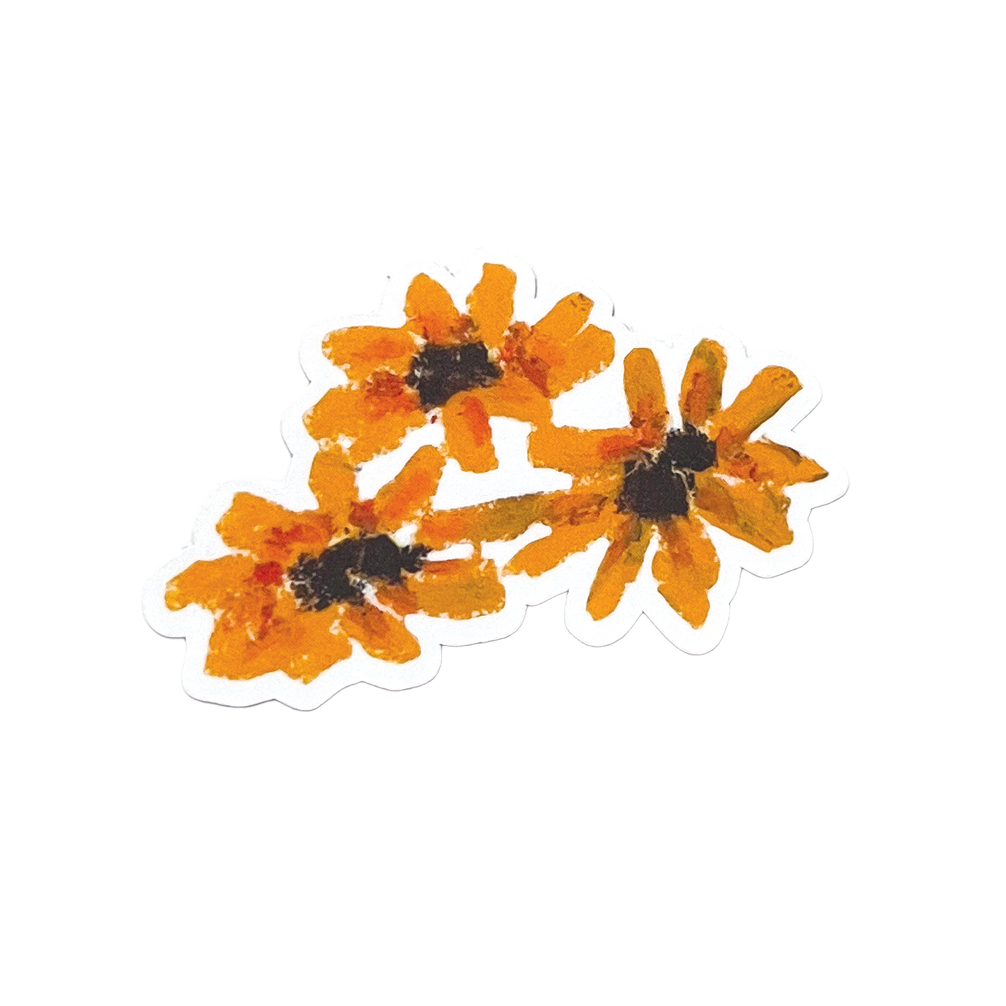 Three orange flowers with black centers on a white background